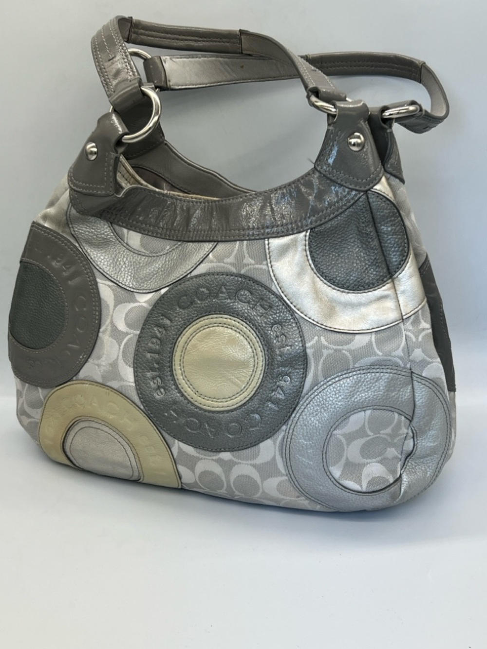 Coach Multitone Gray & Cream Circle Patch Shoulder Bag